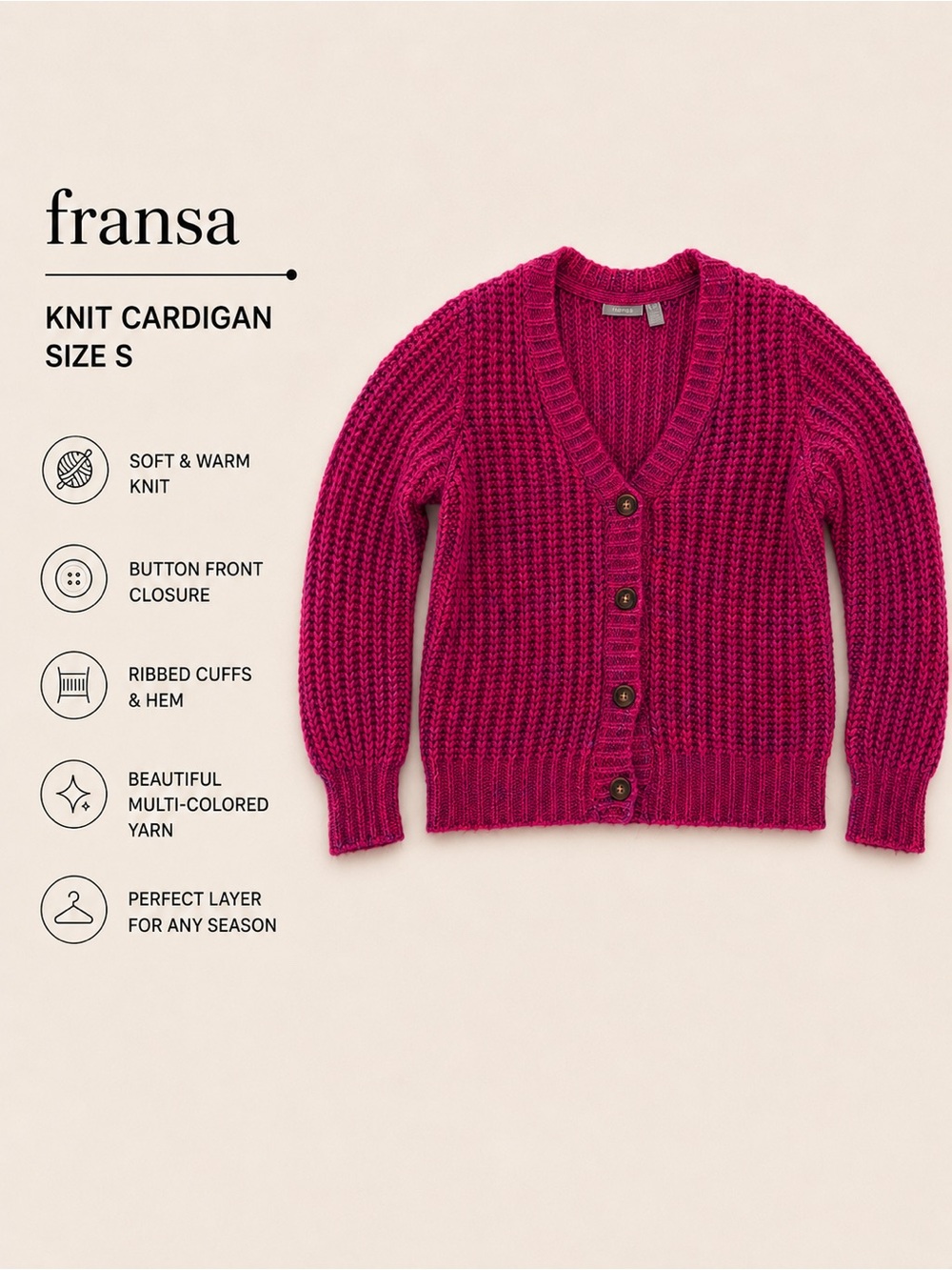 Fransa Fuchsia Chunky V-Neck Button Cardigan Sweater Sz S